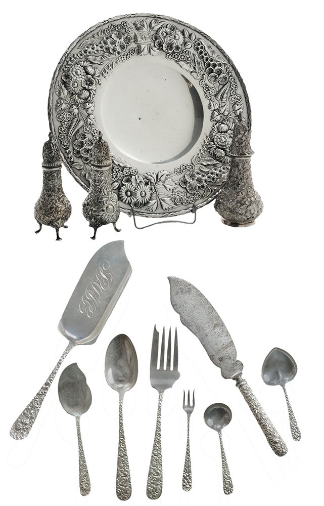 Seventeen Sterling Repoussé Items: American, 20th century, including five Kirk pieces: plate, [dent]; two casters; hollow-handle fish knife, [pitted blade]; jelly server; four Jenkins & Jenkins pieces: serving fork; nut spoon; round-bo