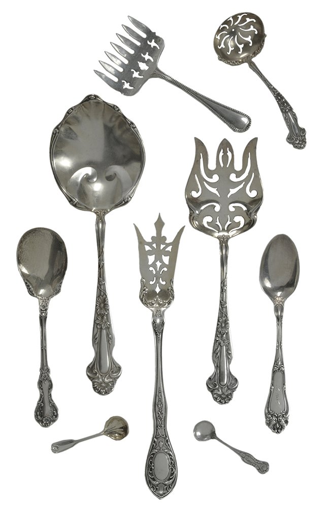 Thirty-Eight Pieces Sterling Flatware: American, late 19th/20th century, including four Gorham Hindostanee citrus spoons; Blackinton pierced ladle, serving fork and spoon; Alvin sardine fork; lettuce forks; ladles; lemon forks, salt spoons