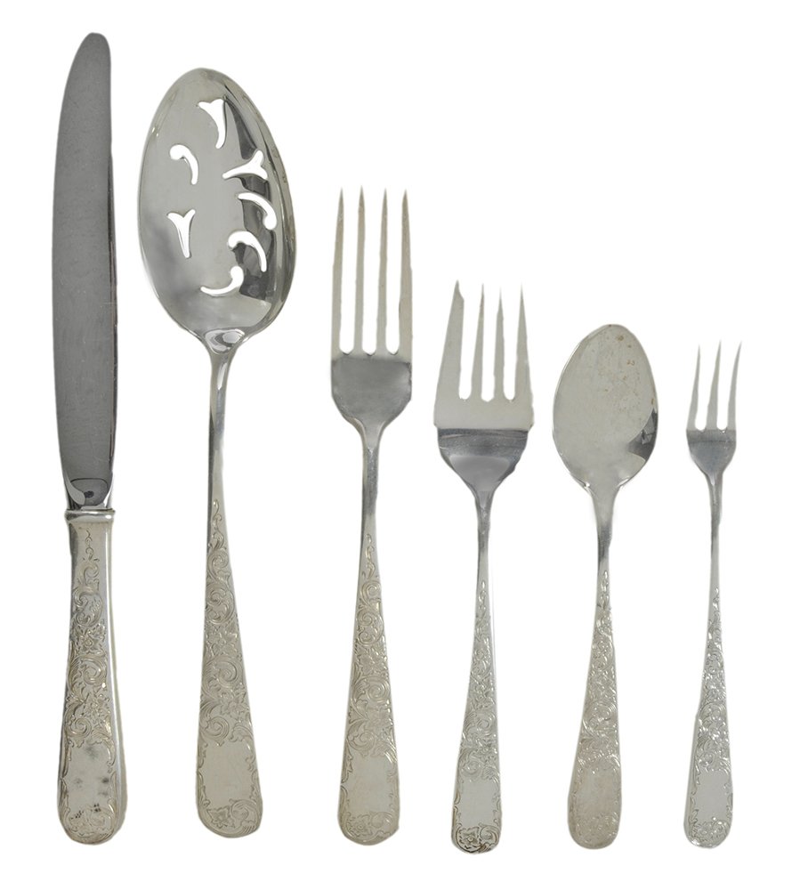 Kirk Old Maryland Engraved Sterling Flatware,: 22 Pieces American, 20th century, three 9 in. hollow-handle knives, stainless blades; two 7-3/8 in. forks; four 6-3/8 in. salad forks; six 6 in. teaspoons; four 5-3/4 in. cocktail forks; three 8-3/8 i