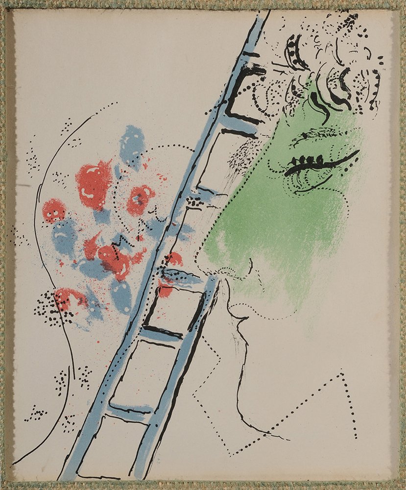 Marc Chagall: (French/Russian, 1887-1985) [L'échelle], inscribed verso [Chagall lithographie originale/Le profil a L'échelle/ 20], color lithograph on paper, 9-1/16 x 8 in.; painted wood and composition frame, tr