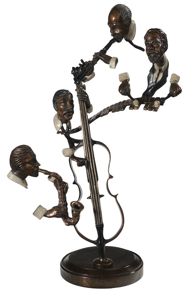 Paul Wegner: (American, 20th century) bronze sculpture of jazz musicians, bass, saxophone, clarinet, and vibes, circular base signed "Paul Wegner ©" and "70/175 Fine Art Acquisitions DP Copyright 1985", 20-1/4 in
