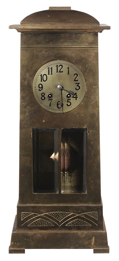 Arts and Crafts Shelf Clock with Brass: Case Schramberg American Co., Schramberg, Germany, early 20th century, stepped dome top over circular dial with Arabic counters, two rectangular beveled glass panels, two-tier stepped base with arched
