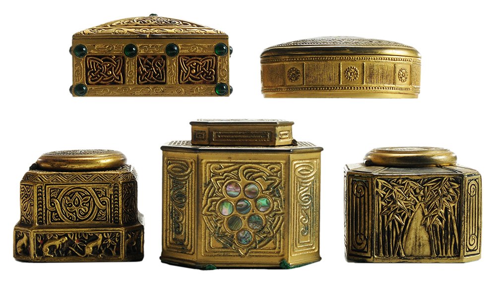 Tiffany Studios, New York, Five Gilt: Bronze Inkwells and Boxes early 20th century, gilt bronze inkwell with abalone shell inserts, removable glass liner, marked on bottom "TIFFANY STUDIOS/NEW YORK/1157", 3-1/4 in., [wear to gilding, some