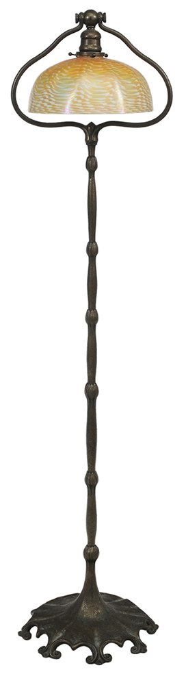 Tiffany Studios Patinated Bronze Floor: Lamp with Gold Glass Damascene Shade American, early 20th century, heart-shaped adjustable harp with octagonal gold damascene glass shade signed "Louis Comfort Tiffany, Tiffany Studios Favrile", centr