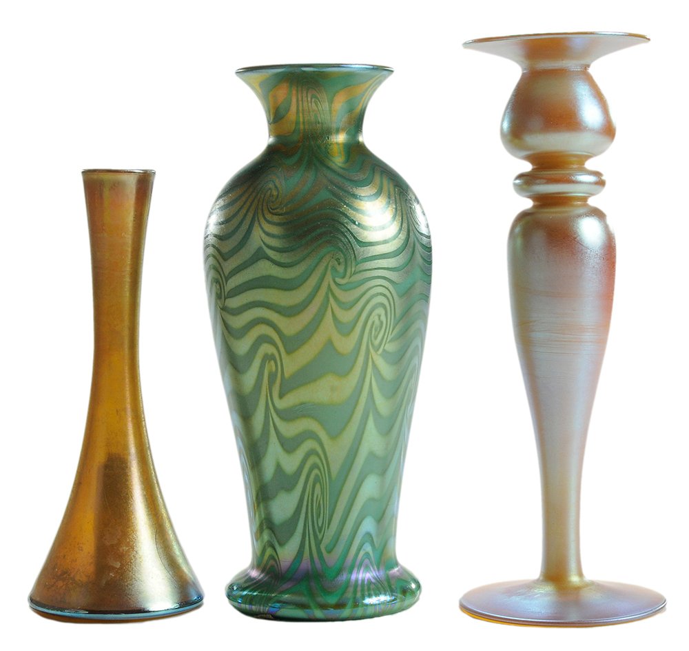 Two Art Glass Vases and Candlestick,: Tiffany and Durand American, early 20th century: baluster-form Durand vase with King Tut pattern overall in pinkish-gold iridescence over green base, signed "DURAND 1707-10" in pontil, 9-3/4 in.; tall