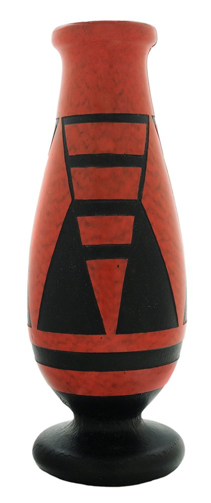 Degue Cameo Glass Vase: French, Verrerie D'Art Degué, circa 1930, geometric Art Deco, red cut back to black, tall baluster form with exaggerated rounded foot, polished pontil, Degue signature in cameo on side, 15-1/2 in., [