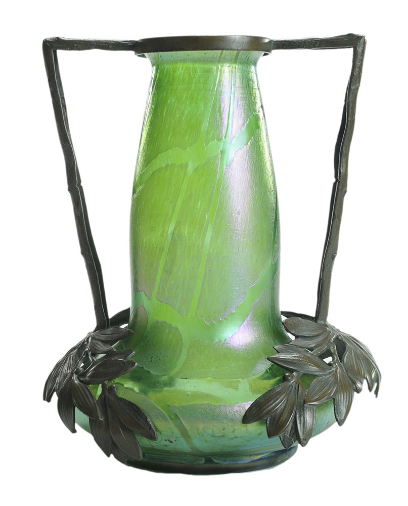 Loetz Vase in Bronze Frame: Austria, early 20th century, green glass overlaid with abstract pink/blue iridescent patterns, bulbous bottom and tall neck, brass frame of laurel leaves forms squared handles, unsigned, 10-1/2 in., [