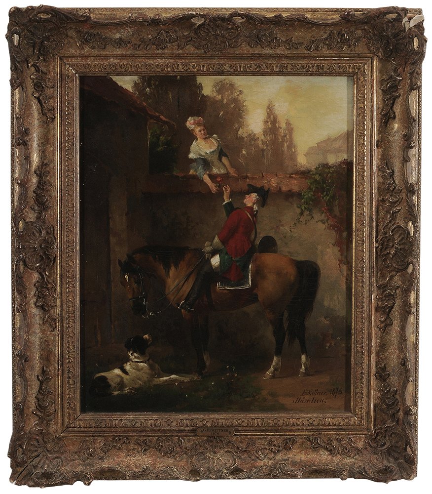 Gerhard Hans Buttner: (German, 1850-1891) Courtship, 1876, signed lower right "HBüttner.1876/Munchen", oil on canvas, 14-5/8 x 11-1/2 in.; gilt wood and composition frame, lined with linen and paste, crackle, retouch lowe
