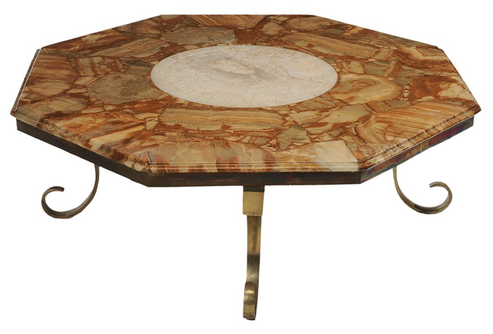 Mayan Revival Carved Onyx and Brass: Octagonal Coffee Table Mexican, 20th century, paper label for "Muller's", large central relief-decorated medallion with Aztec or Mayan motifs, variegated onyx octagonal surround and scrolled brass leg