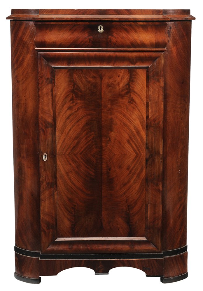Classical Figured Mahogany Corner: British or Continental, 19th century, panel door, single dovetail drawer, mother of pearl escutcheons, 53-3/4 x 37 x 21 in., good condition overall, one applied trim missing, some building to secondar