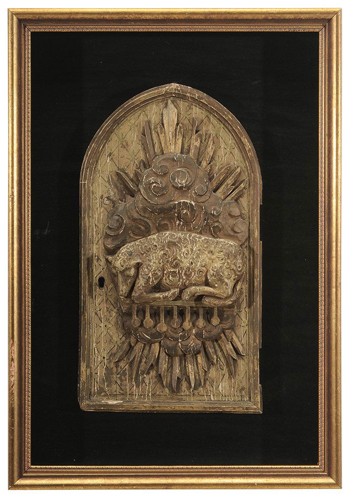 Finely Carved and Painted Gilt Wood: Tabernacle Door Depicting Lamb of God French, probably 18th century, arched door depicting a recumbent lamb and gilt-carved cloud burst, verso unpainted, 17-1/2 x 9-7/8 x 1-1/4 in., hung within a gilt