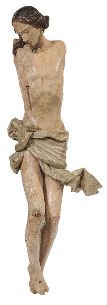 German School: (18th century) Corpus Christi, polychromed wood, 34 in., lacking arms, resurfaced with traces of original polychrome, flaking, abrasions, losses to portion of composition verso. Provenance: A New York