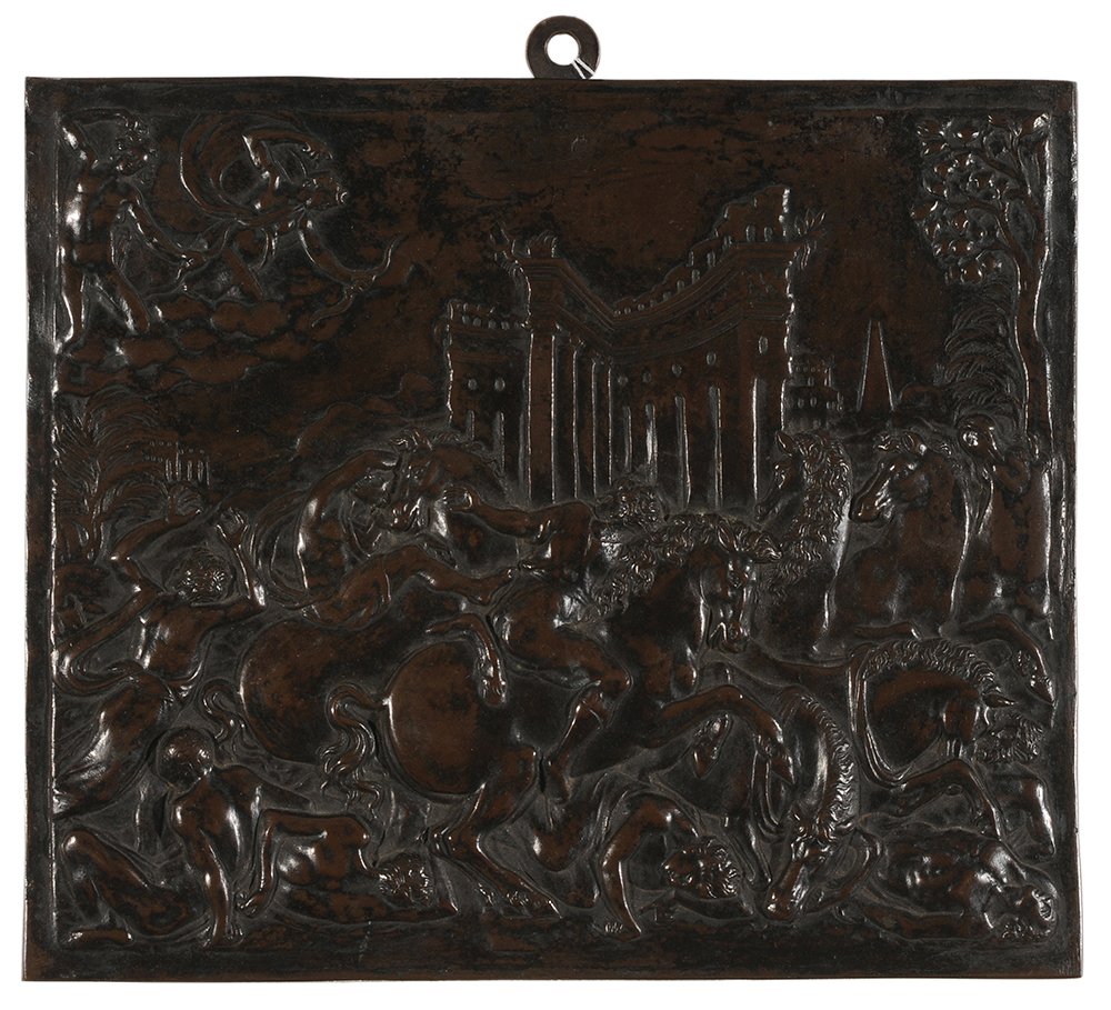 Italian School: (17th century or style) Apollo and Diana before Troy, unsigned, bronze relief plaque, 10-3/4 x 12-1/2 in., wear to black patination. Provenance: A New York Collection