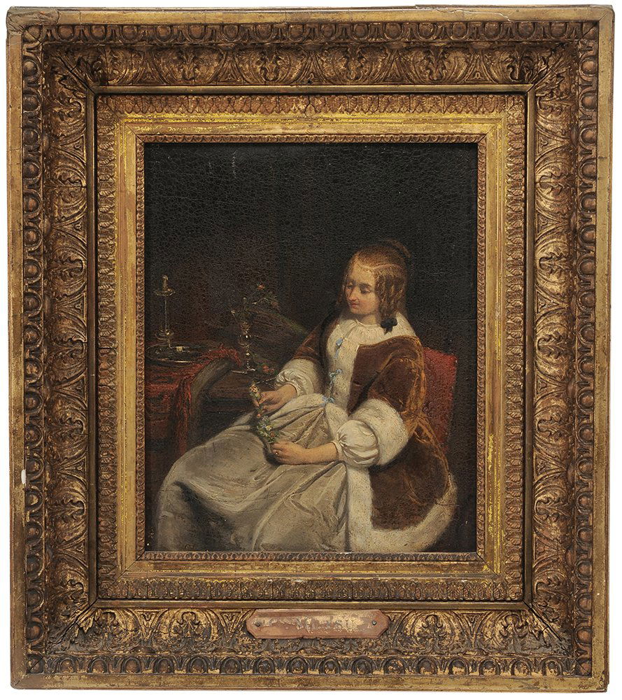 Dutch School: (19th century) Woman Weaving a Garland of Flowers, unsigned, oil on panel, 11 x 9 in. (27.94 x 22.86 cm); 19th century gilt wood and composition frame, draw crackle with some related retouch, light ab