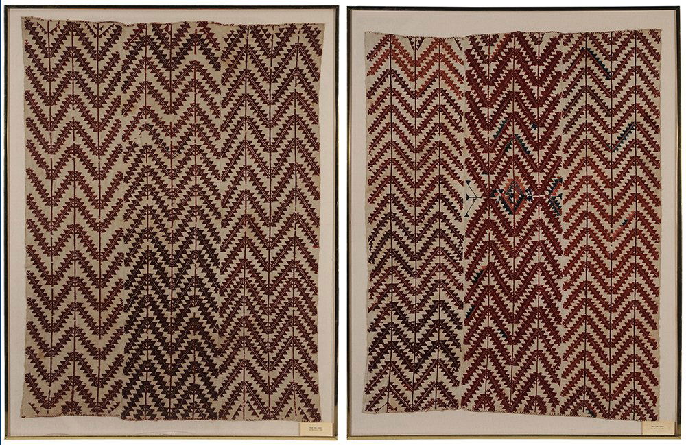 Two Turkish Woven Panels: attributed to the Yoruk Tribe, probably early 20th century, three joined panels, embroidery on woven cotton, each approximately 63 x 46 in. (sight), metal frame 70 x 53-1/2 in., losses of embroidery,