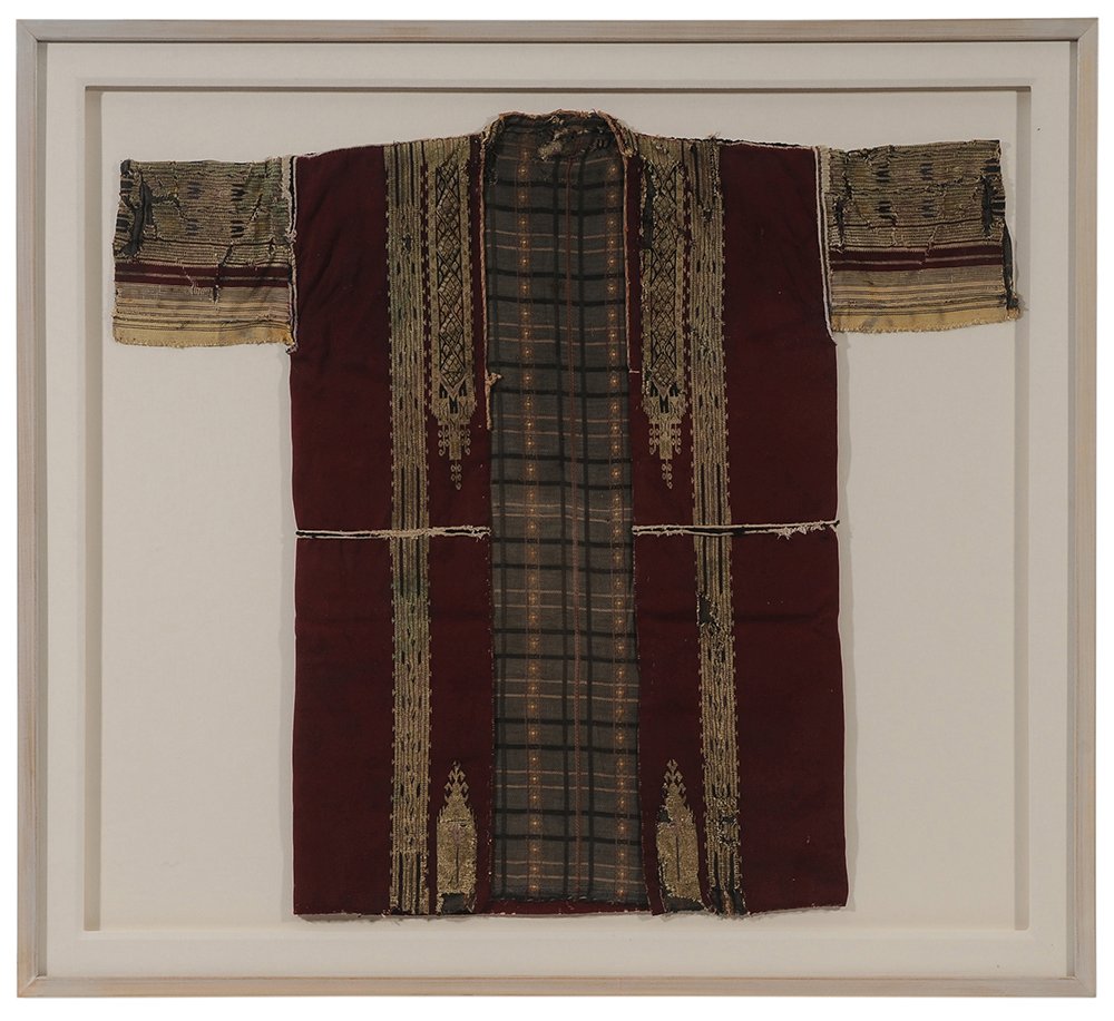 Embroidered Syrian Robe: probably early 20th century, portion of woman's robe, silk and metallic thread on silk, 32 x 36 in. (sight), wood frame 40-1/2 x 44 in., multiple repairs, probably reduced, losses, wear, not examined 