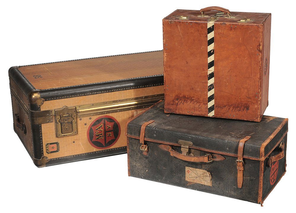 Three Vintage McAlpin/Rockefeller: Family Trunks late 19th/early 20th century: comprising a large standing trunk with brass tag "B. Altman Co.", and "Wheary Trunk Company", brass and leather mounted, six interior drawers very finely ma