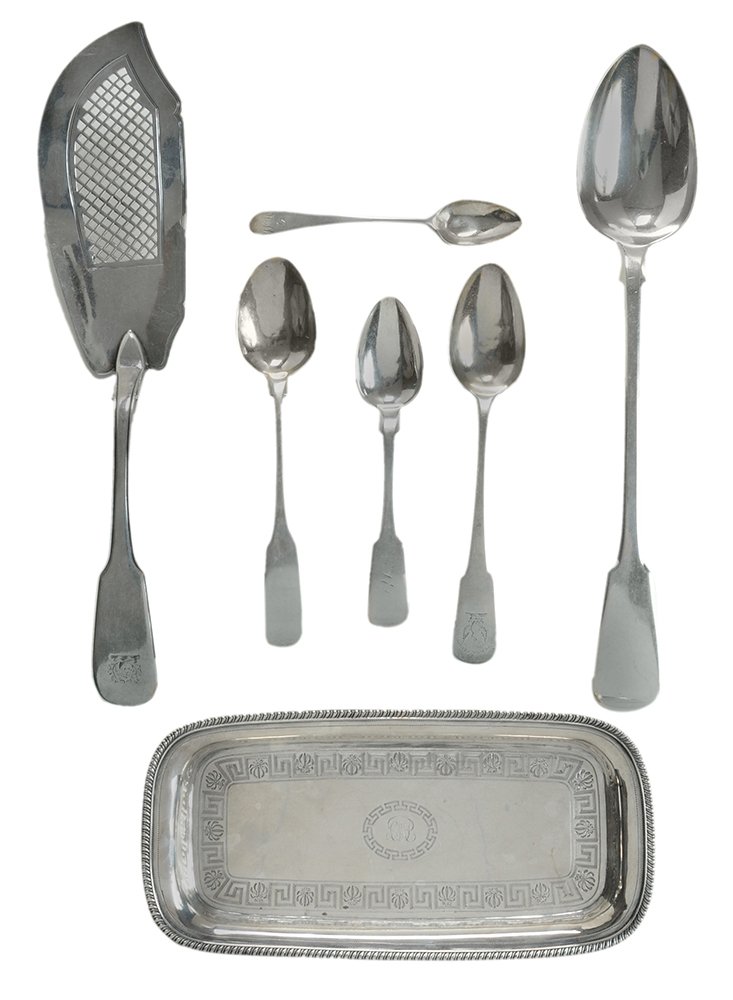 Eighteen Pieces English Silver: Dish English, early to mid 19th century, including stuffing spoon; candle snuffer tray; fish server, [damage]; set of six teaspoons, "S" monogram; teaspoons; soup spoons, various makers including Will