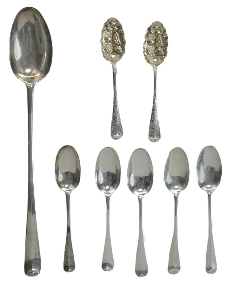 Eight English Silver Hanoverian Spoons: English, early 18th century, one large stuffing spoon with Britannia marks for 1719, [repairs to bowl]; five with date marks for 1719 to 1724, makers George Lambe Samuel Green, Samuel Hitchcock and Wi