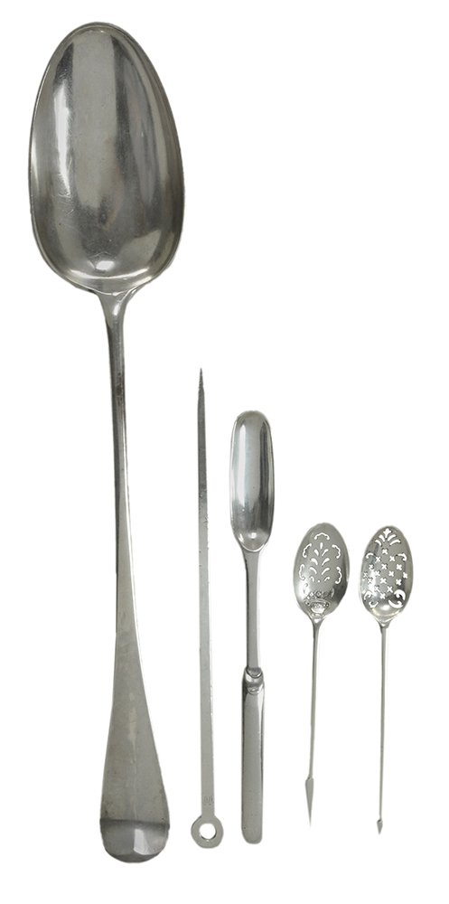 Five Pieces George II English Silver: Flatware London, 2nd quarter 18th century, including large Hanoverian stuffing spoon, marks for Ebenezer Coker, London 1749, back with heraldic device of tree stump and monogram; mote spoon with flora