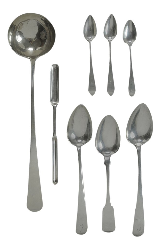 Thirty Pieces Greenock Silver Flatware: Scottish, late 18th/early 19th century, including set of ladle, six serving spoons and teaspoons with marks probably 1795, maker possibly A. Cunningham; set of six spoons, numbered on front, marks for