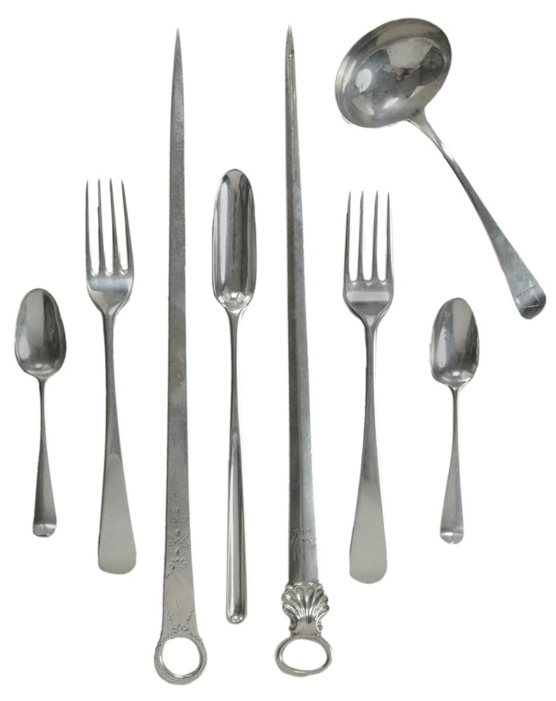 Seventeen Pieces English Silver: Flatware English, late 18th century, set of six forks with marks for Hampston & Prince, York, 1784; meat skewer, shell and ring finial with marks for Thomas Tookey, London, 1777, heraldic device; meat