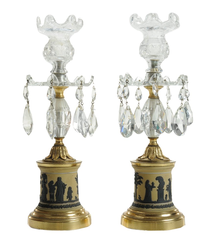 Pair Yellow Jasperware, Gilt Bronze: and Rock Crystal Candleholders English, late 19th/early 20th century, each with carved rock crystal nozzles with cut crystal dishes below, each hung with faceted cut crystal drops and seated on column