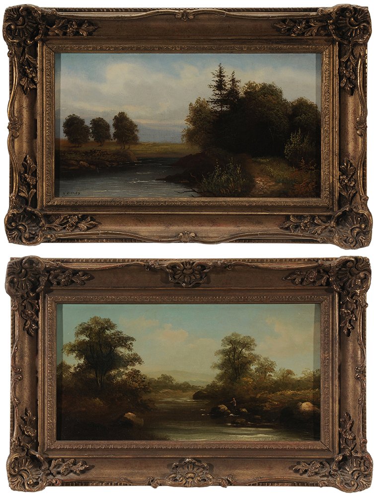 British School: (early 20th century) Two landscapes with Path by a River, signed lower left "S.Danby" [small point of flaking]; Fisherman at a River, signed indistinctly lower left, oil on canvas, 10 x 18 in.; matchi