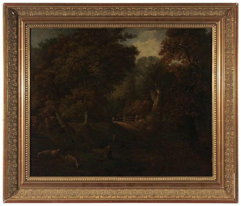 British School: (19th century) Shepherd Resting by a Road, unsigned, oil on canvas, 23-1/2 x 28-1/4 in.; gilt wood and composition frame, lined, restretched on old stretcher, crackle, yellowed varnish, retouch at lef