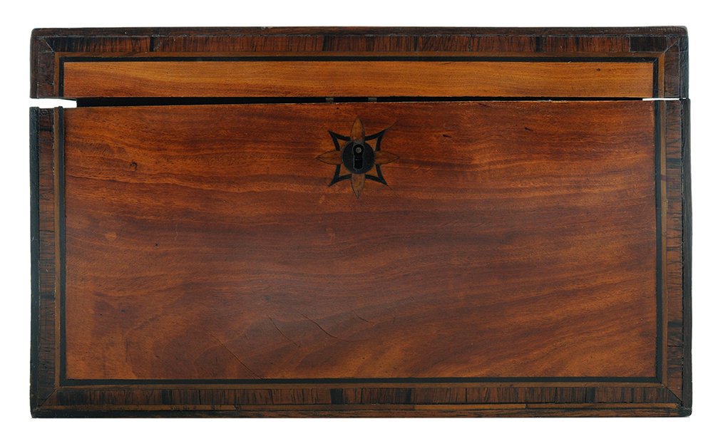 George III Finely Inlaid Cherry,: Ebonized and Satinwood Tea Caddy English, 19th century, hinged cover with inlaid ebonized and mahogany star and banded border, ebonized and rosewood inlaid molding at sides, inlaid star escutcheon, in