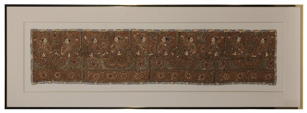 Burmese Kalaga Wall Hanging: probably mid 19th century, gold and silver couched embroidery of dancing figures, sequins and mirror accents, 15 x 70 in. (sight); metal frame 30 x 85-1/2 in., seams beginning to separate, fading wear