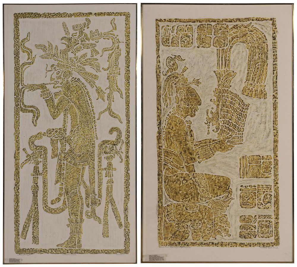 Two Mexican Stone Rubbings: one signed in pencil lower right [Panel of Slaves] 48/100, Mayan, Palenque, Chiapas, Mexico, Ann Parker, Avon Neal, 52 x 30-1/2 in; one signed in pencil bottom center, [The Witch Doctor] 18/100, Mayan