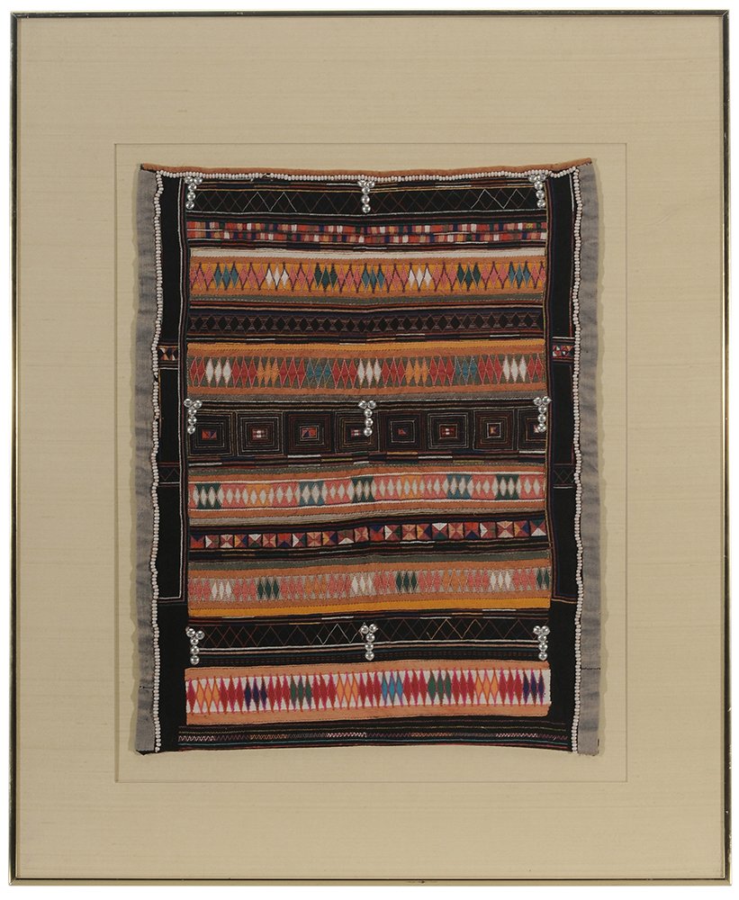 Thai Embroidery: attributed to Yao tribe, late 20th century, horizontal fabric stripes with geometric designs separated by black lines, grey stripes on right and left with metal circular buttons and beads, 22-1/2 x 18
