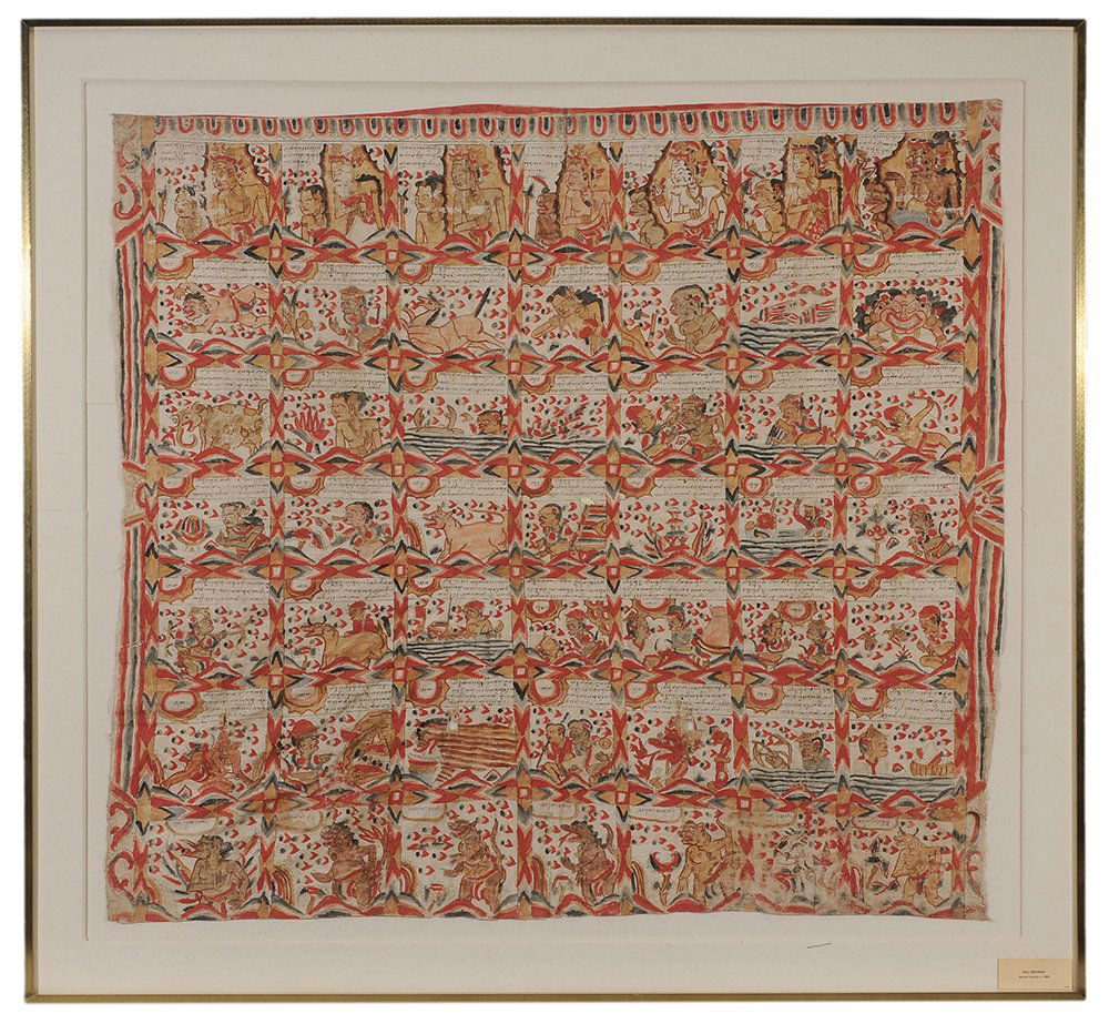 Balinese Calendar Painting: Indonesia, probably late 19th/early 20th century, composed of 49 vignettes with painted characters in grid pattern, probably ink and color on canvas, floated on muslin mat, 55-1/2 x 59 in. (sight), fr