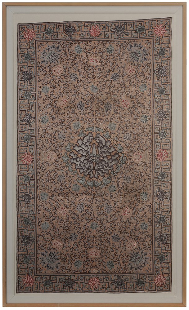 Chinese Needlepoint Panel: probably early 20th century, embroidered floral central panel, geometric border with flowers, 64-1/2 36 in.; wood frame 72 x 43 in., good overall condition, not examined out of frame. Provenance: Melo