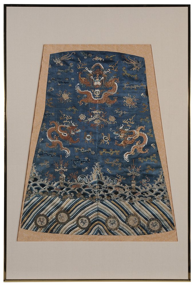 Chinese Mandarin Embroidered Robe: Fragment mid-19th century, silk and couched metallic thread embroidery, knotted medallion border, 46-1/2 x 39 in, metal frame 71-1/2 x 48 in., repair upper right, loose silk and metallic thread embroi