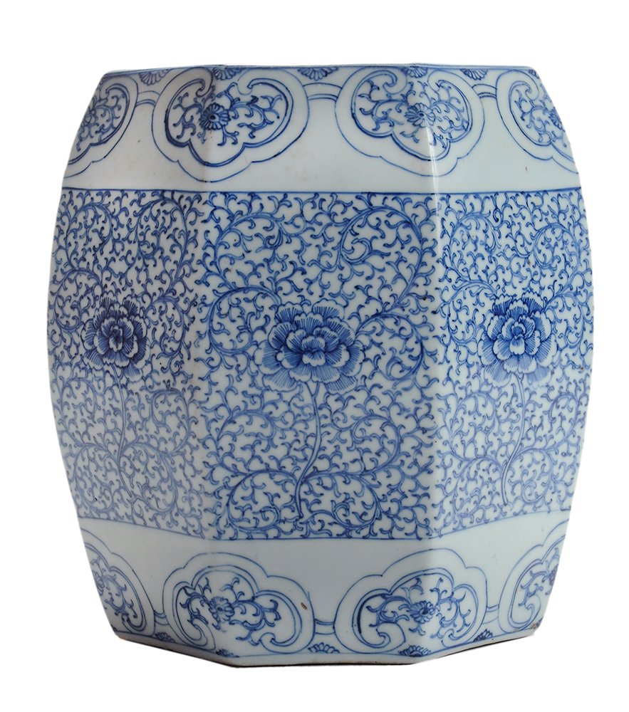 Miniature Blue and White Porcelain: Octagonal Garden Seat Chinese, 19th century, pierced top, borders around shoulder and base, body with scrolling branches and chrysanthemum blossoms, unmarked, 9-1/2 in., minor firing anomalies, scratc