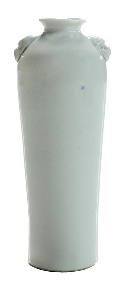 [Blanc de Chine] Porcelain Vase: Chinese, 18th century, rounded shoulder with foo dog mask handles, body tapering to unglazed foot, unmarked, 5-3/4 in., old chip to top rim, firing anomalies