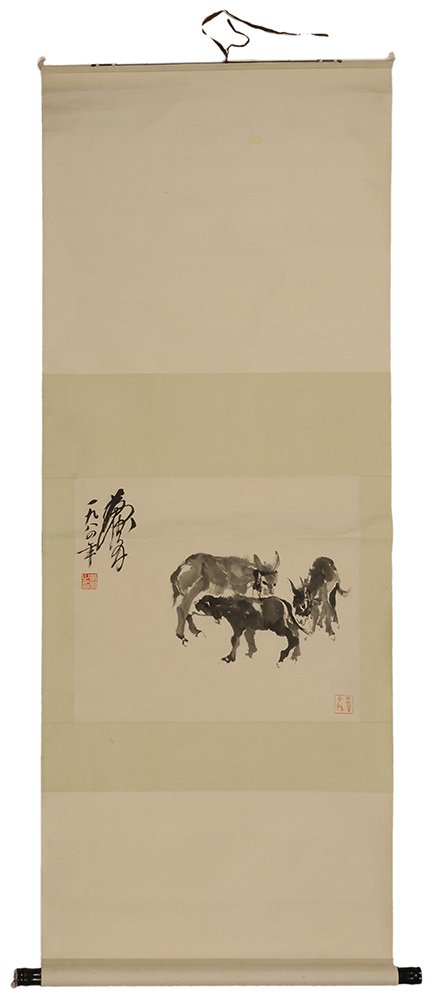 After Huang Zhou: (Chinese, 1925-1997) watercolor scroll on paper depicting three donkeys, signed upper left and lower right with chop, lime green floral silk border, mounted on paper scroll, 18-1/2 x 21-1/4 in. waterc