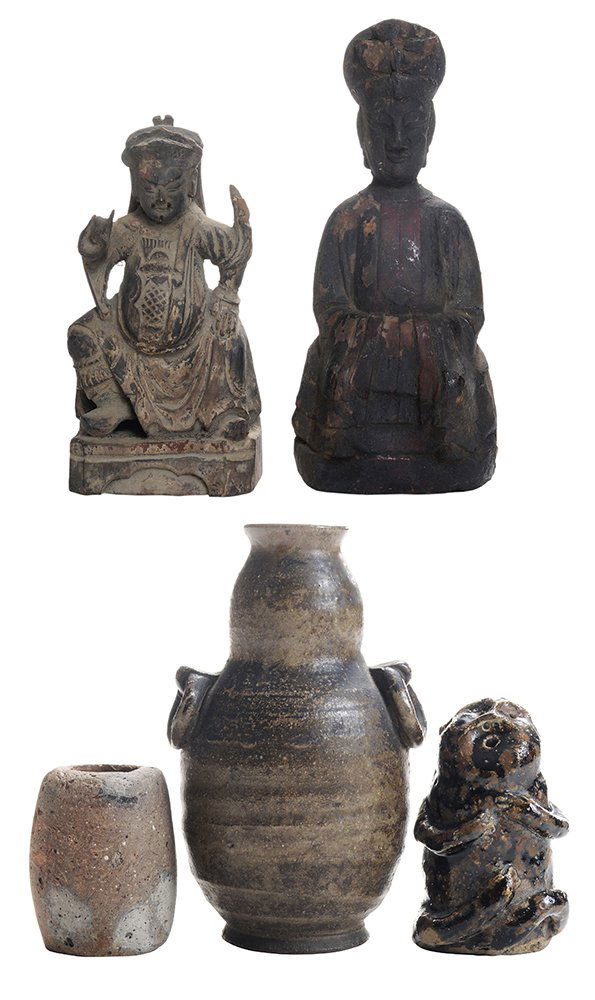 Three Pieces Japanese Ceramics and: Two Antique Chinese Wooden Figures three pieces earthenware or stoneware: vase, [bezin,] set with two ring-form handles, 19th century or earlier, 6 in., [good condition;] unglazed lid holder, [futa ok