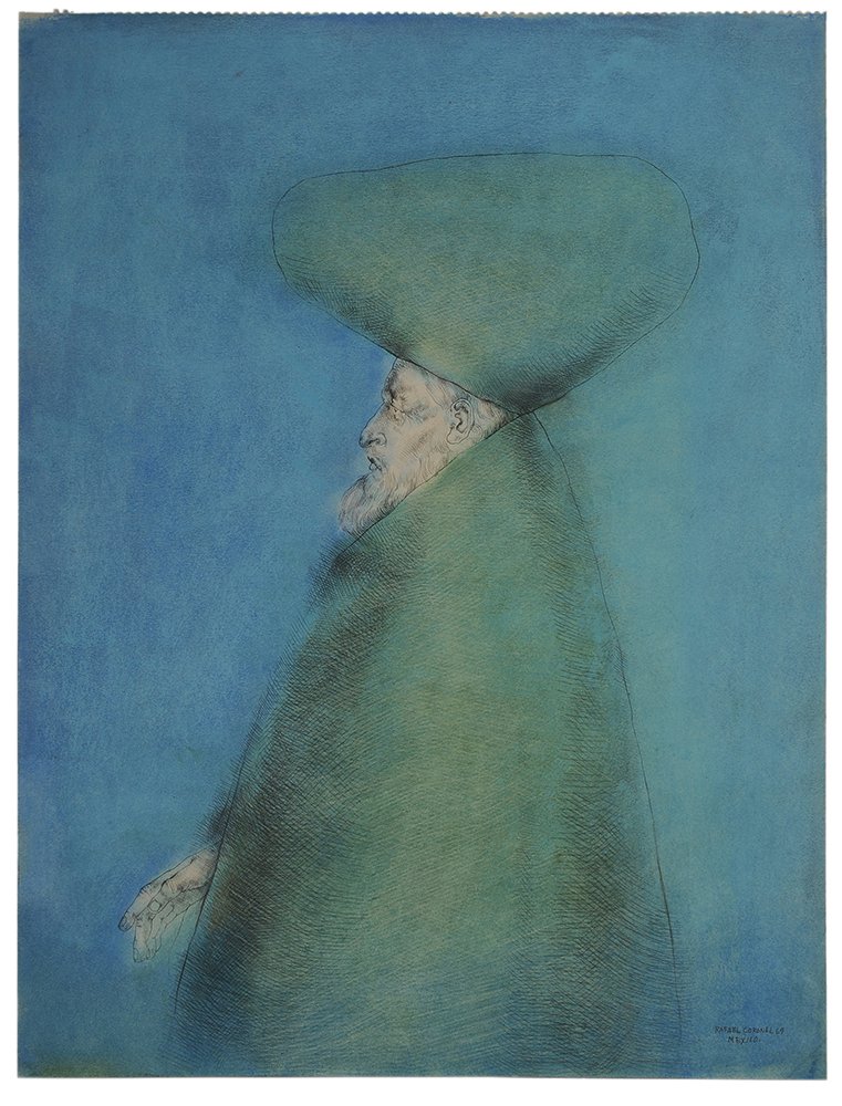 Rafael Coronel: (Mexican, born 1932) Untitled, signed lower right "Rafael Coronel, 69/Mexico", pastel, watercolor and ink on paper, 23-5/8 x 18 in.; original gilt silver frame, paper loose, good condition; frame with