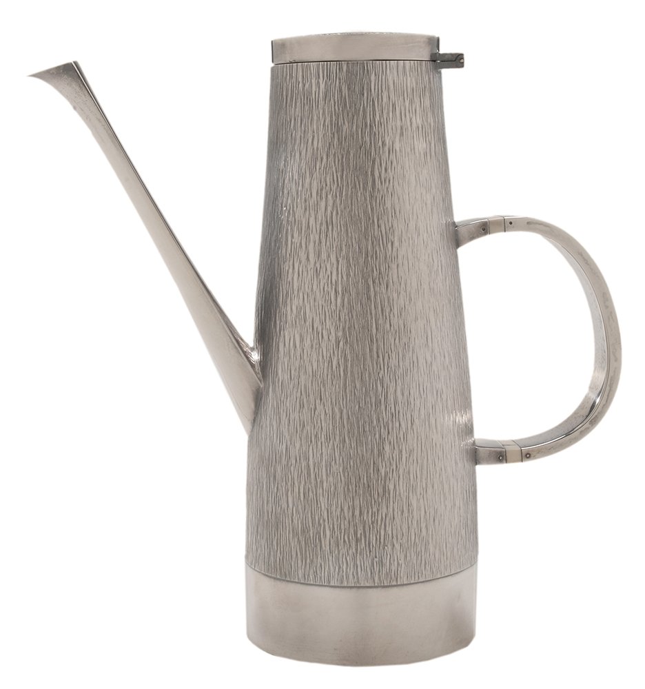 Gerald Benney Modern English Silver: Coffeepot London, 1965, body with tapering sides with bark effect texture, polished spout and handle, horn insulator, marks for Gerald Benney, .925 fine, 29.87 oz. T., 9-1/2 in., good condition. Prove