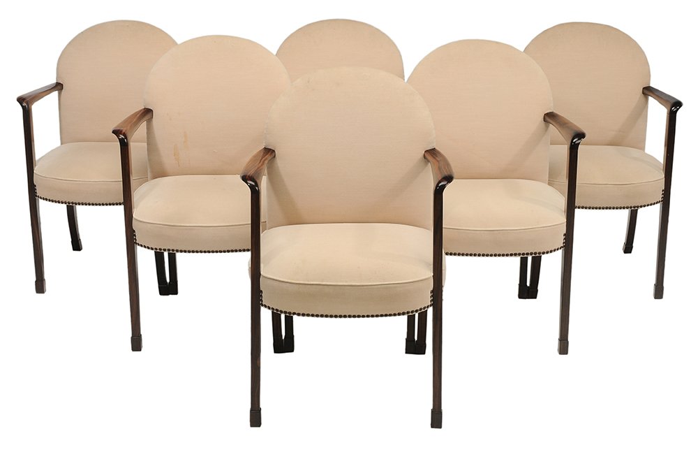 Set of Six Art Deco Rosewood/: Macassar Upholstered Armchairs probably French, 20th century, each with boldly figured frame set with cream velvet upholstery with brass tacking, 37 in., good condition overall, minor color retouch an