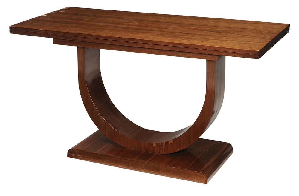 Art Deco Walnut Veneered: Pier Table 2nd quarter 20th century, fold over top on U-shaped support and pedestal base, 39-1/2 x 25-3/4 x 17-1/2 in. veneer losses including at edges of top and bottom of U shape support, minor patc