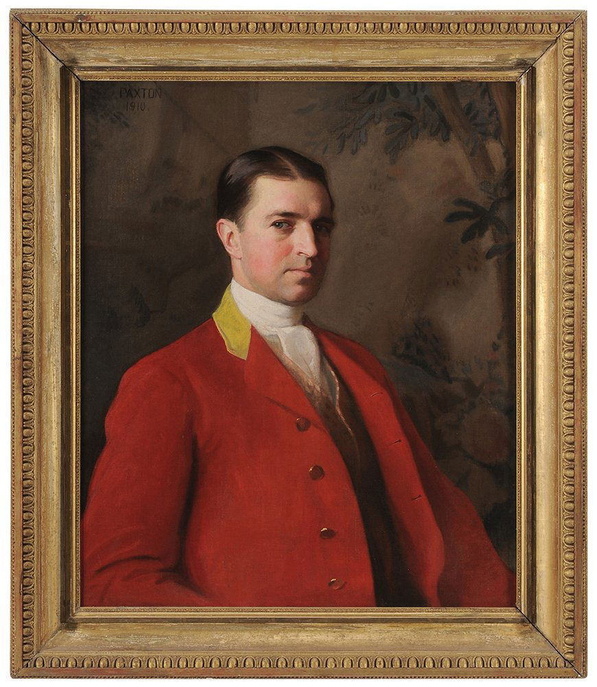 William McGregor Paxton: (Massachusetts/Maryland, 1869-1941) Portrait of a Prominent Bostonian Gentleman in Riding 'Pinks', signed upper left "Paxton/1910.", oil on canvas, 30 x 25 in.; fine carved and gilt wood frame, long c