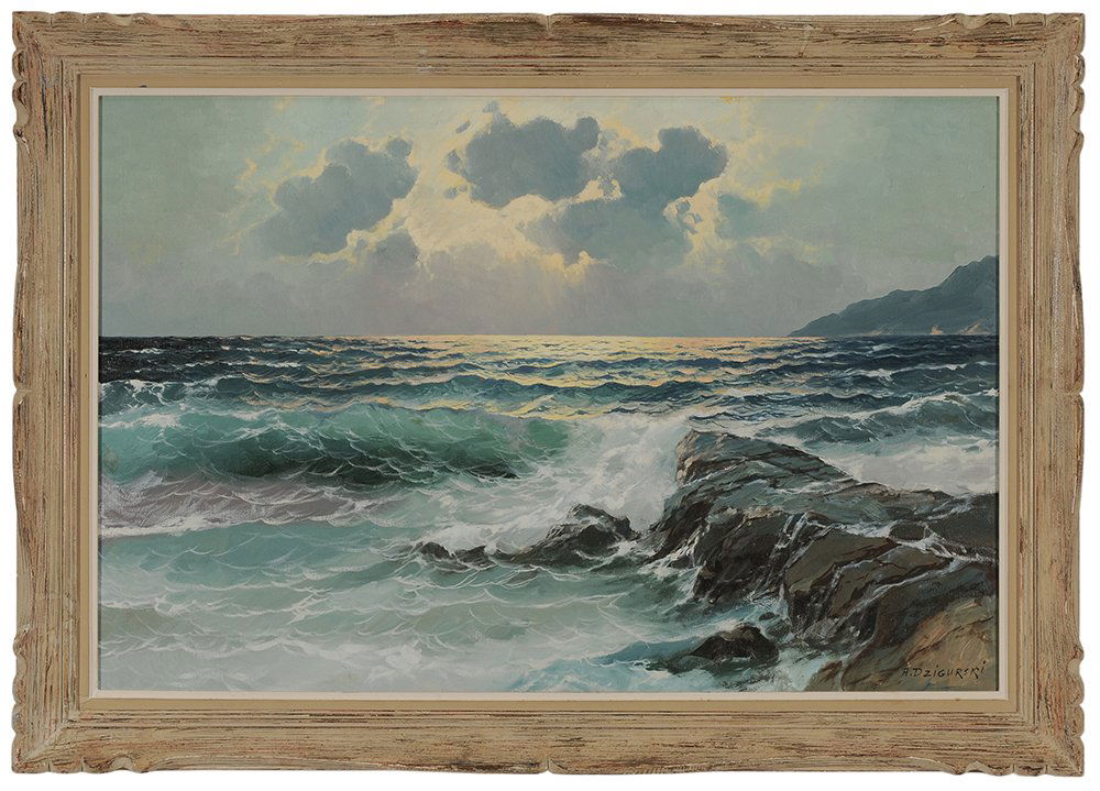 Alexander Dzigurski: (American/ Yugoslavian, 1911-1995) Coastal Landscape, signed lower right "A. Dzigurski", oil on canvas, 30 x 42 in.; carved and painted wood frame, slightly yellow varnish. Provenance: Estate of F. A.