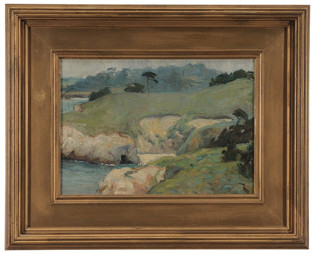 Attibuted to Sidney Riesenberg: (Illinois/New York, 1885-1971) Impressionist Coastal View, unsigned, oil on canvas board, 9-7/8 x 13-7/8 in.; original gold painted frame with old label verso for "Anderson Galleries/ Chicago", very s