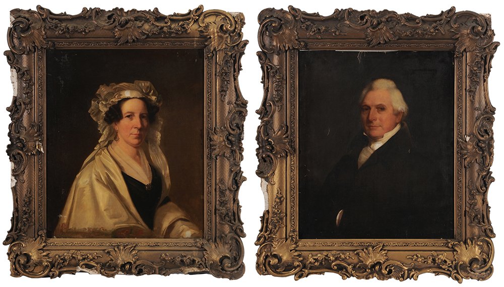 Attributed to Sarah Miriam Peale: (Missouri/Maryland, 1800-1885) Portraits of David Barnum (c. 1770-1844) and his wife, Ann Kirby Barnum (1775-1866), circa 1830-40, unsigned, oil on canvas, 30-1/4 x 25 in.; original gilt wood and comp