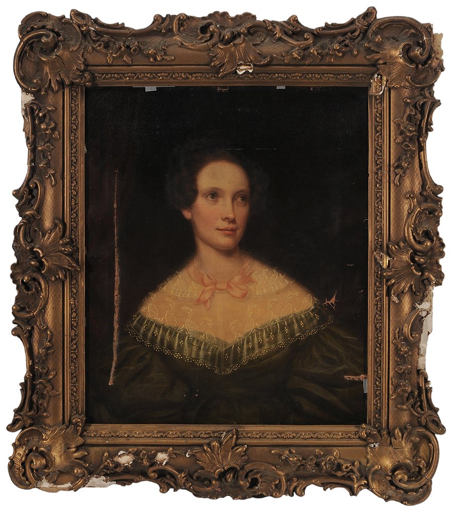Attributed to Rembrandt and: Sarah M. Peale (American, 1778-1860 and1800-1885) Portrait of a Woman in a Green Dress, by tradition Francis Ann Barnum McLaughlin, unsigned, oil on canvas, 30-1/8 x 25-1/4 in.; original gilt wood and