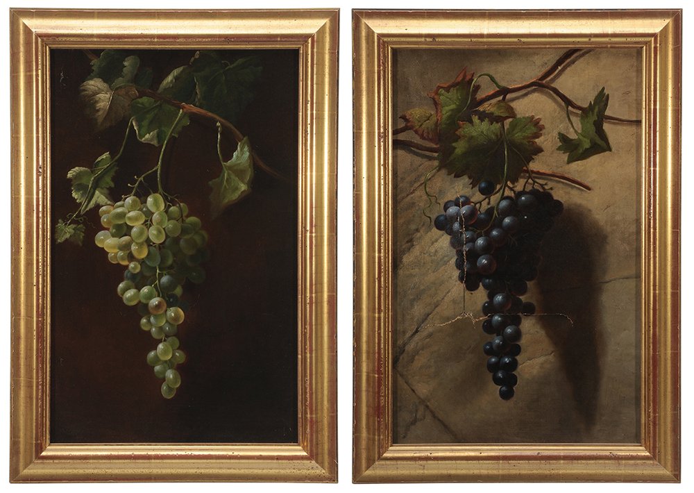 Manner of Andrew John Henry Way: (American, 19th century) Pair of still lifes, Green and Black Grapes, unsigned, oil on canvas, 22 x 14 in.; matching modern gilt wood frames, one lined with wax and linen and restretched on old stretc